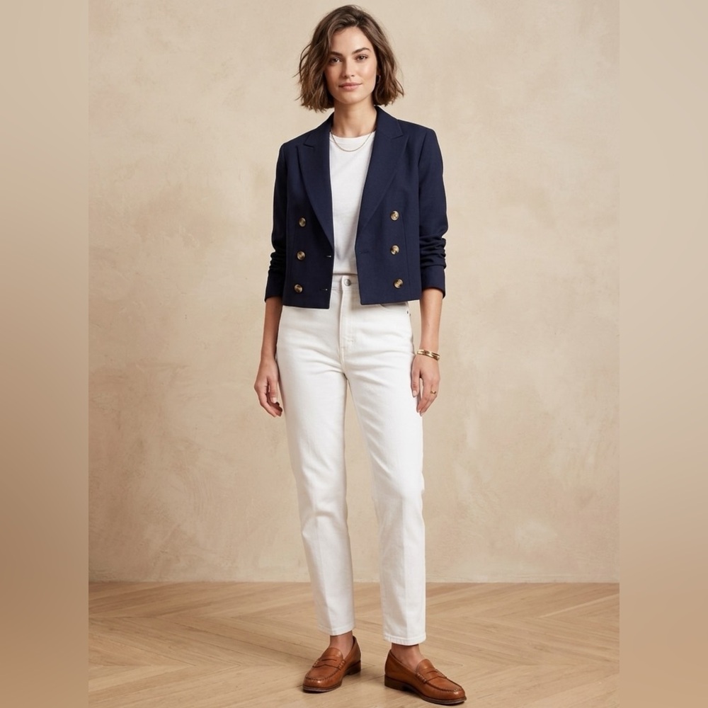 House of Harlow 1960 Navy Blue Linen Cropped Blazer Gold Button Size Medium